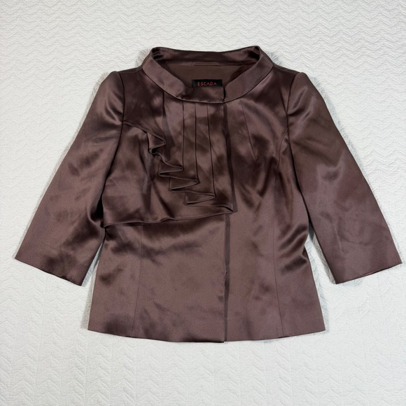 Escada Tops - Escada 100% Silk Ruffle Front Mock Neck Jacket Brown Women's Size 36